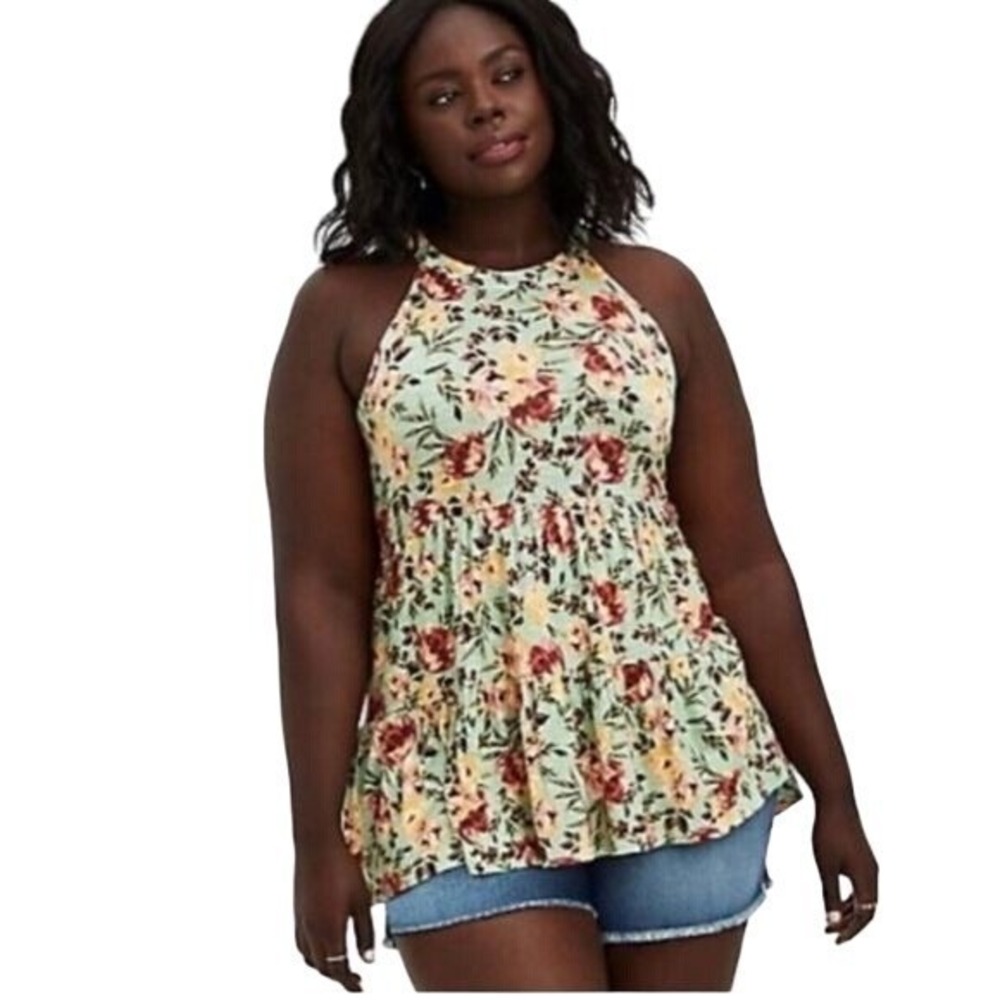 Torrid Super Soft Knits Sage Green Floral Halter Tiered Babydoll Top Plus Size 3